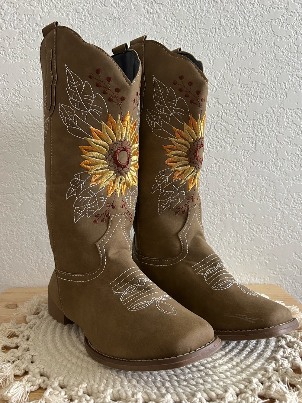 Western Boho Sunflower Embroidered Tan Faux Suede Cowboy Boots